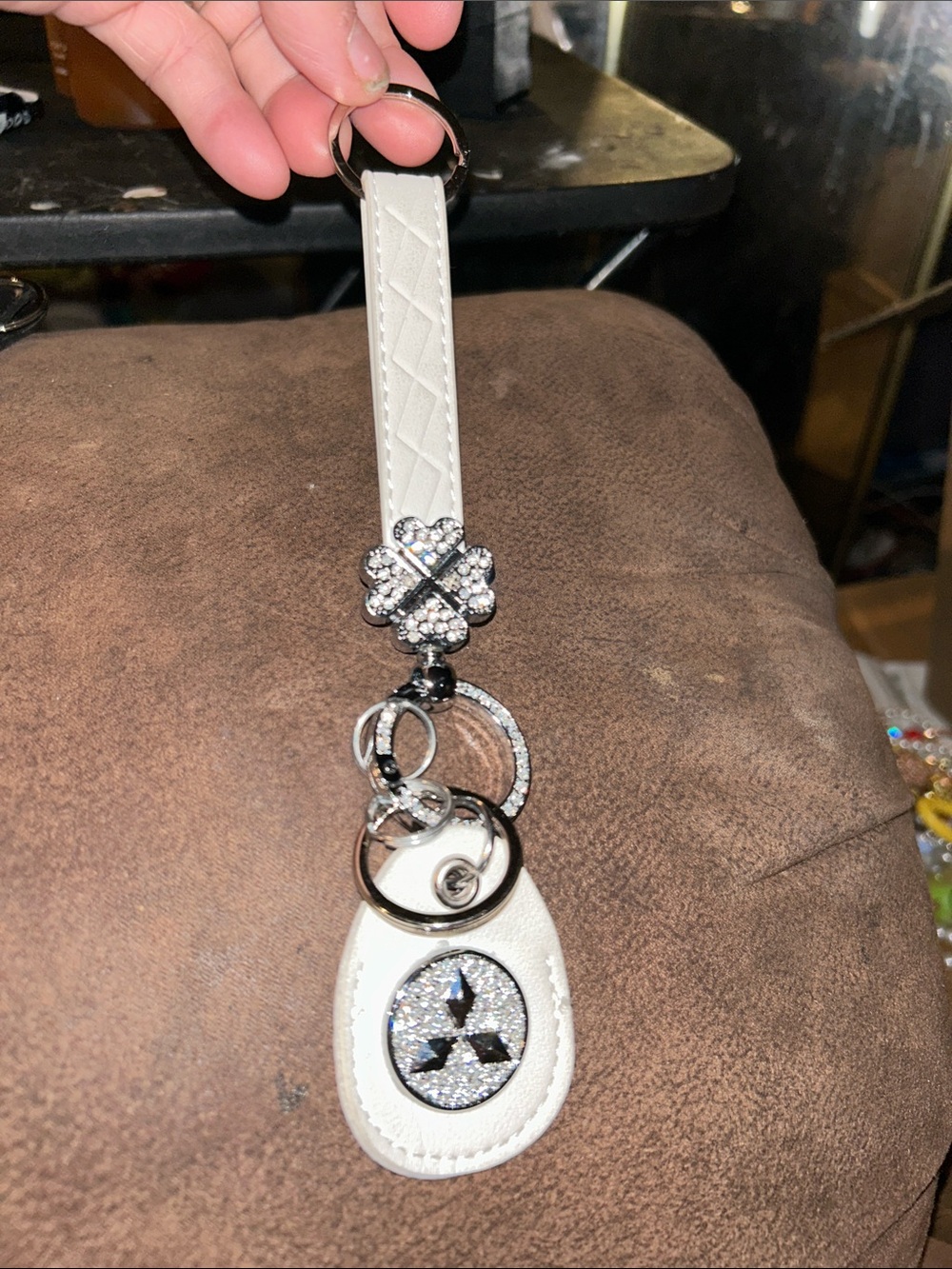 White Mitsubishi Crystal Accent Keychain Wristlet